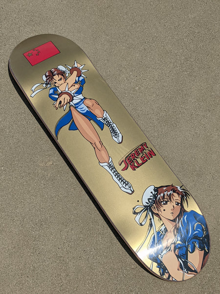 JK Industries SIGNED Chun-Li Hand-Screened GOLD Special Limited Edition Skateboard deck.